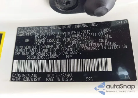 2013 Toyota Highlander Base Plus V6 z USA, uszkodzony, nr VIN 5TDBK3EH5DS246628